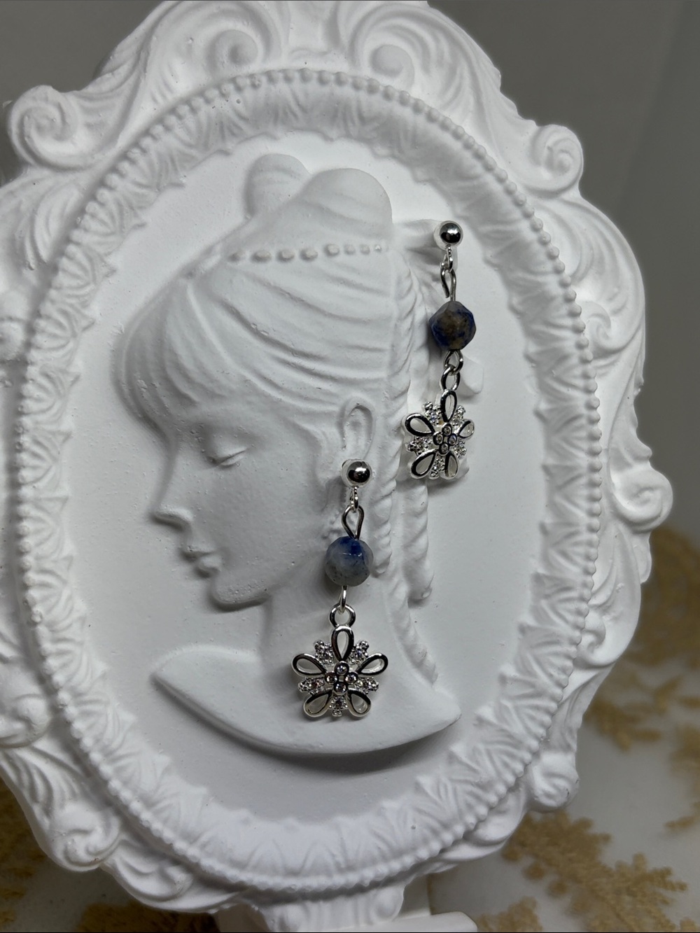 925 Sterling Silver Sodalite CZ Flower Dangle Earrings Handmade Estate Style